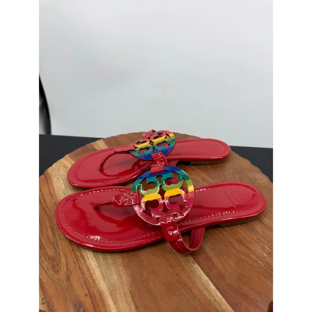 Tory Burch Miller Sandals sz 9M Red Patent Rainbow Logo Thong Flats 58306 pride